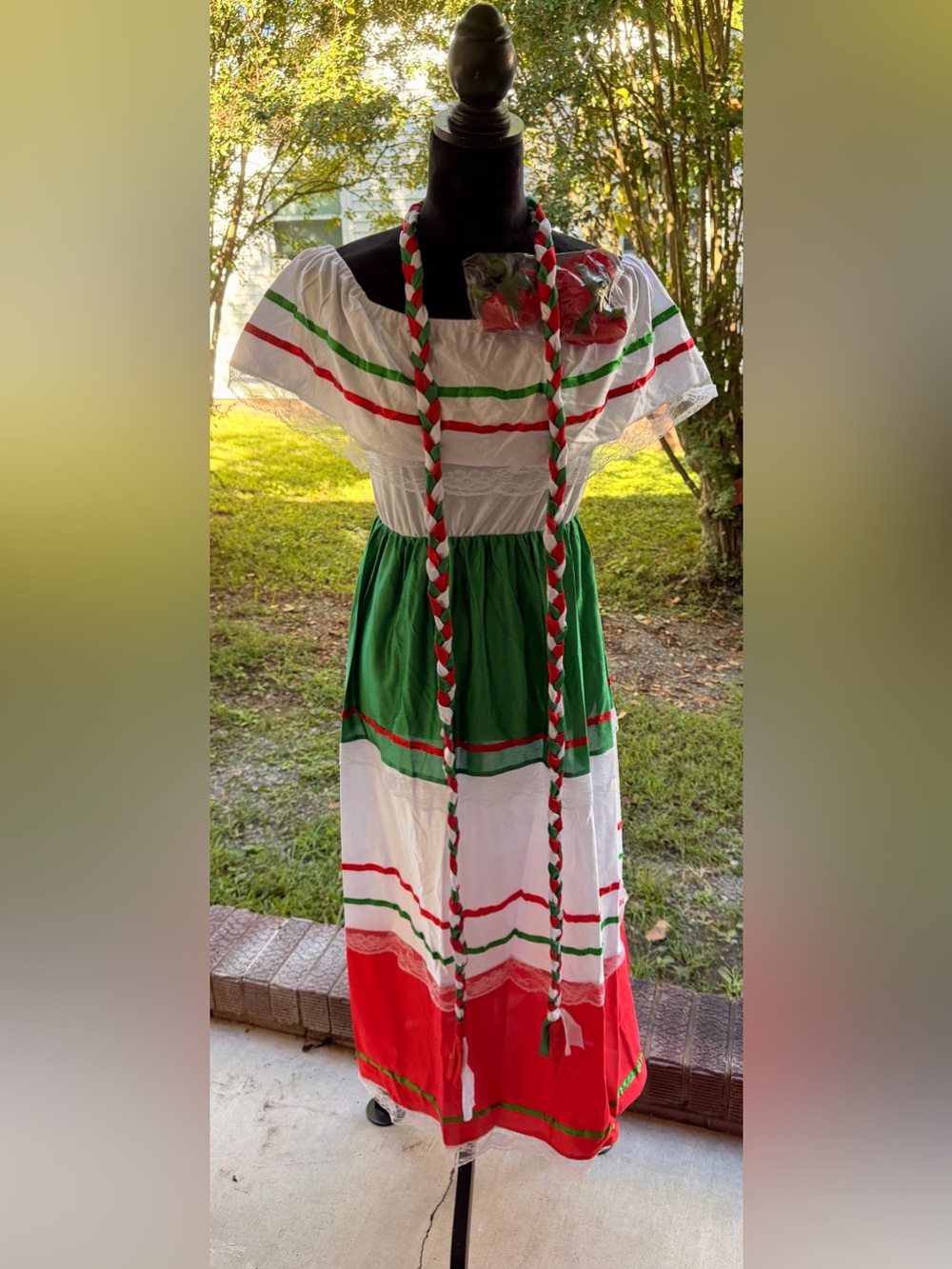 Traditional Mexican-Inspired Green & White Tiered Dress